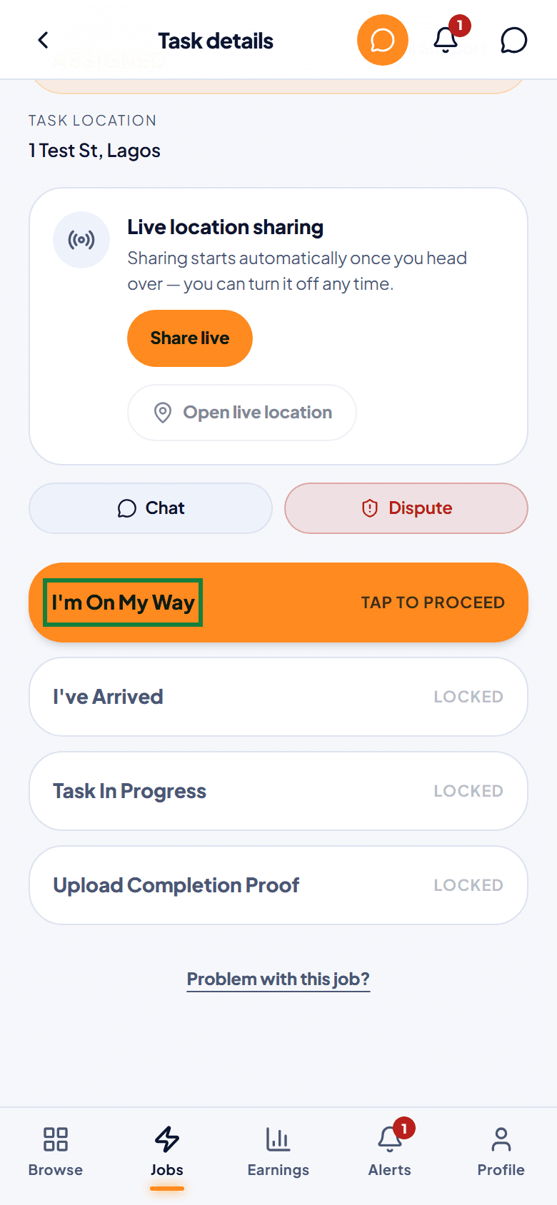 An active job with the step buttons