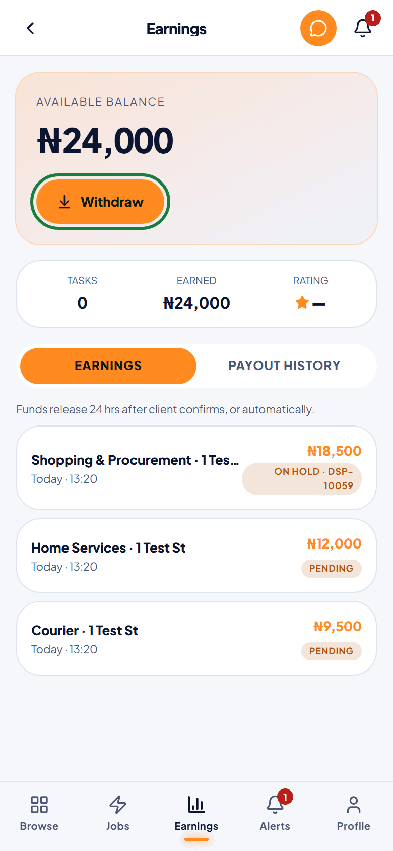 The earnings page with the balance and jobs