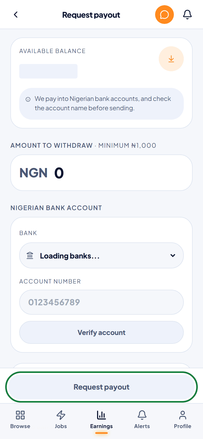 Requesting a payout to a bank account