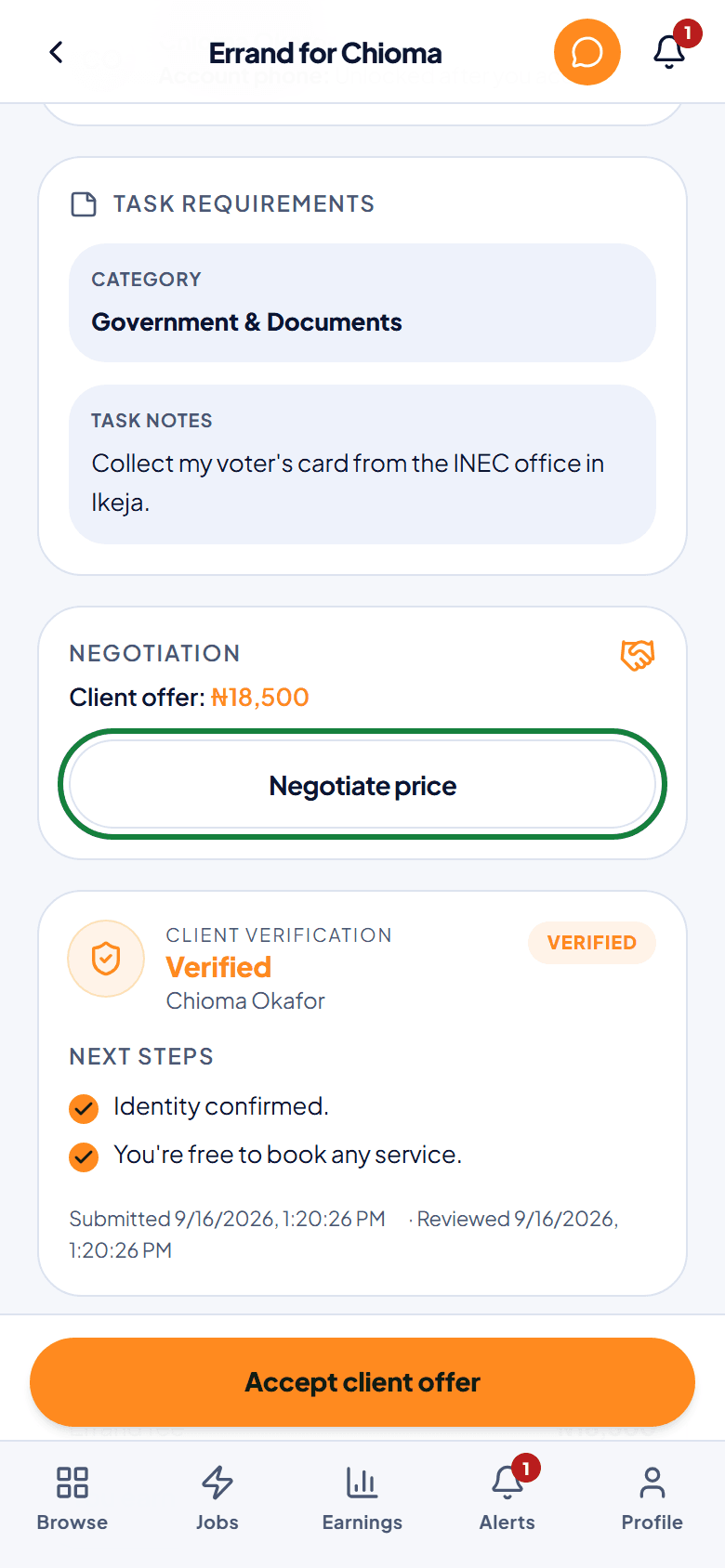 A job's details with the accept and negotiate buttons