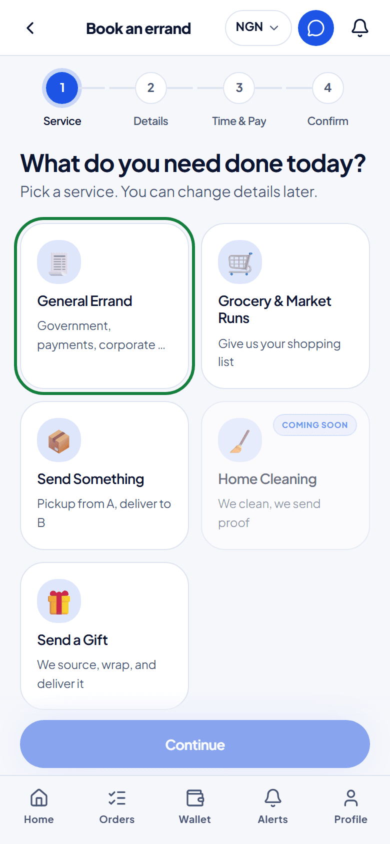 Step one of booking, choosing a service