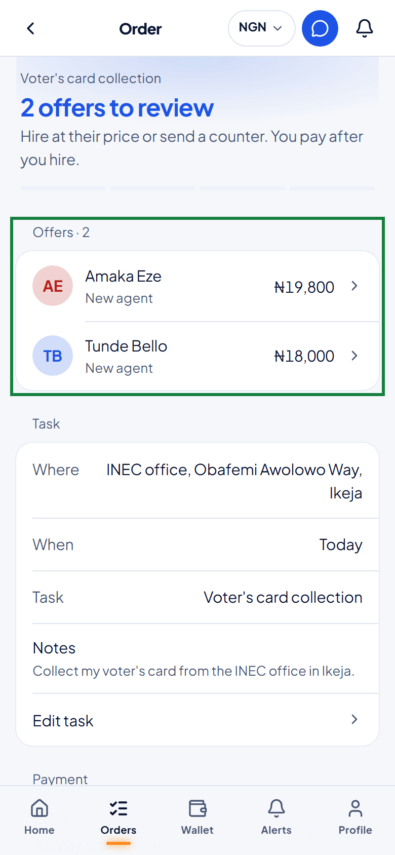 An order with offers from two agents