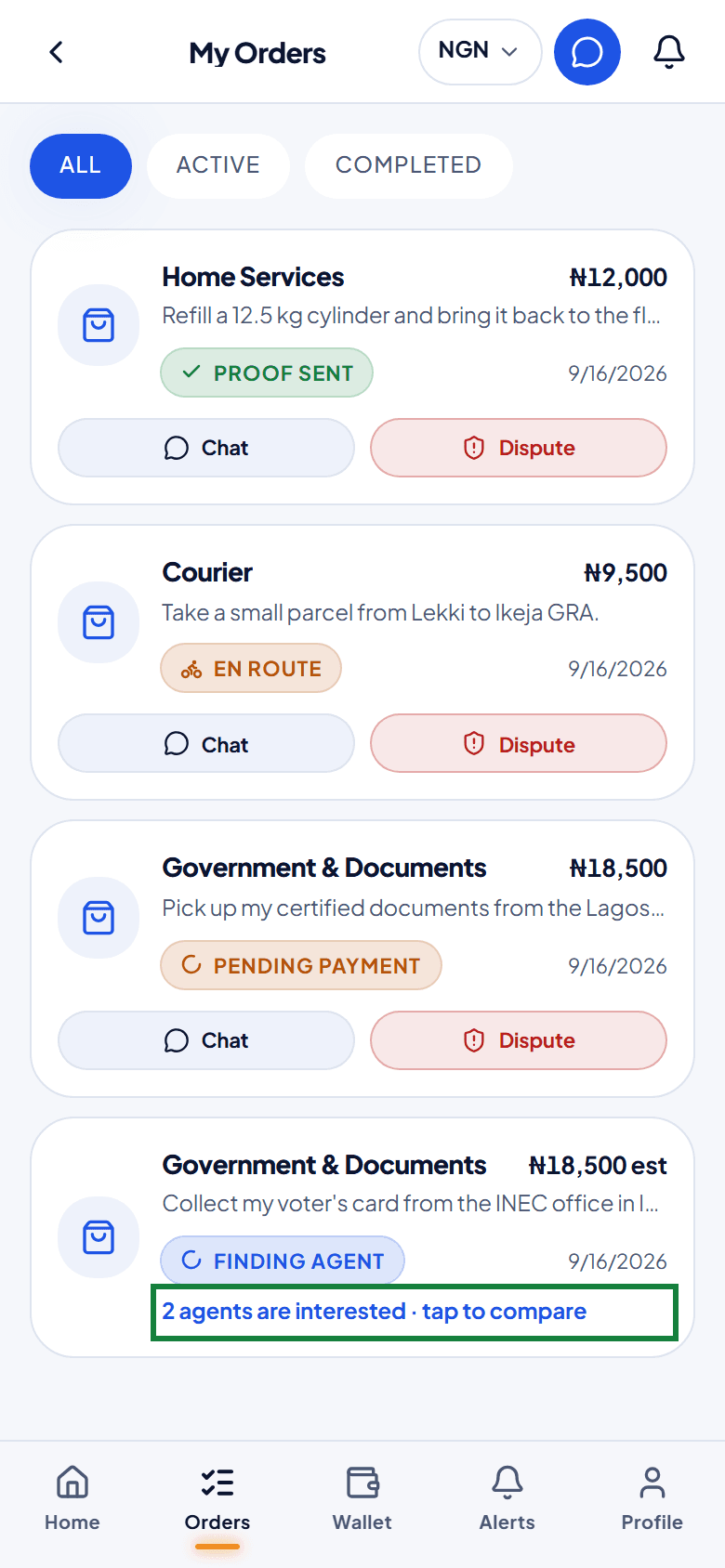 My Orders with agents interested in a task