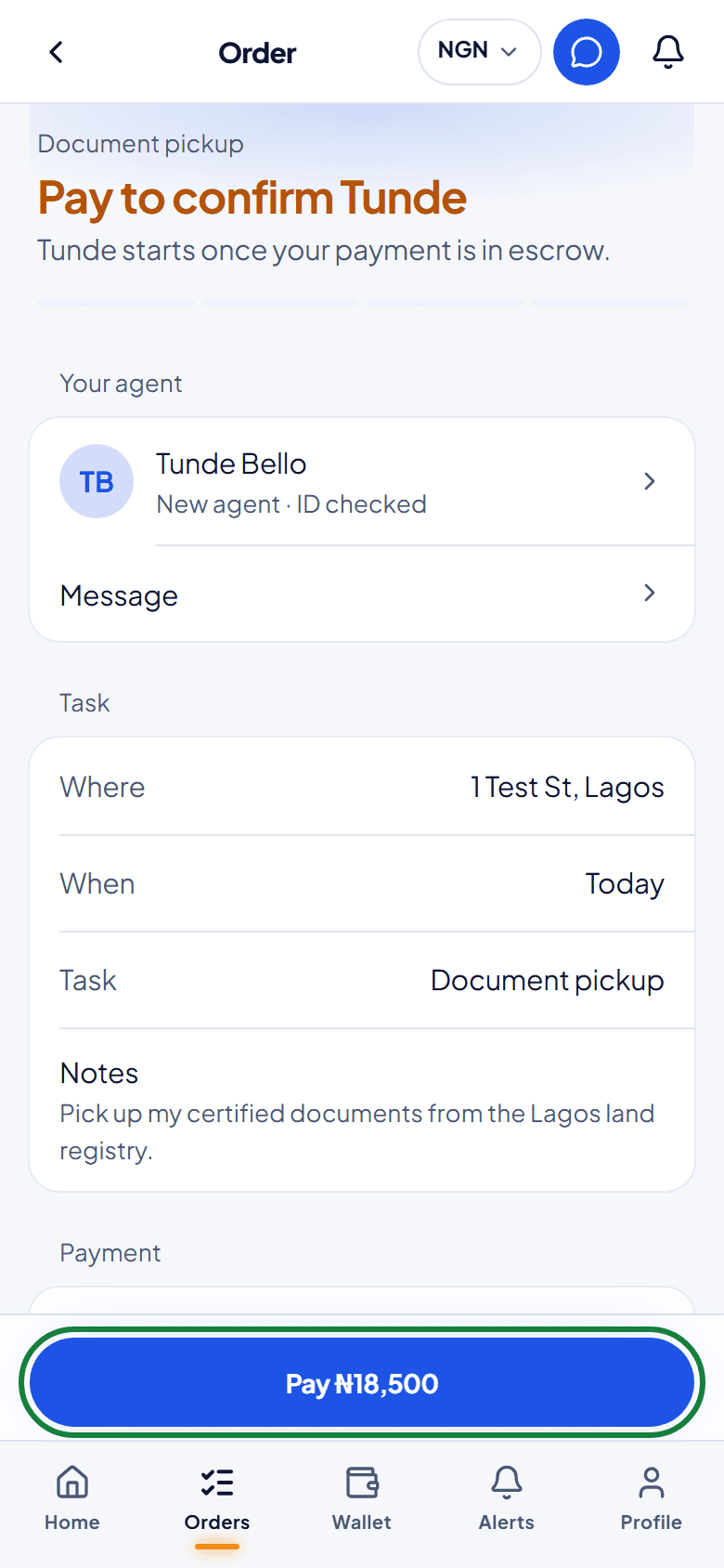 An order waiting for payment with the Pay button