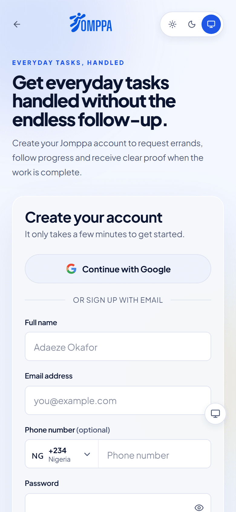 The Create your account page